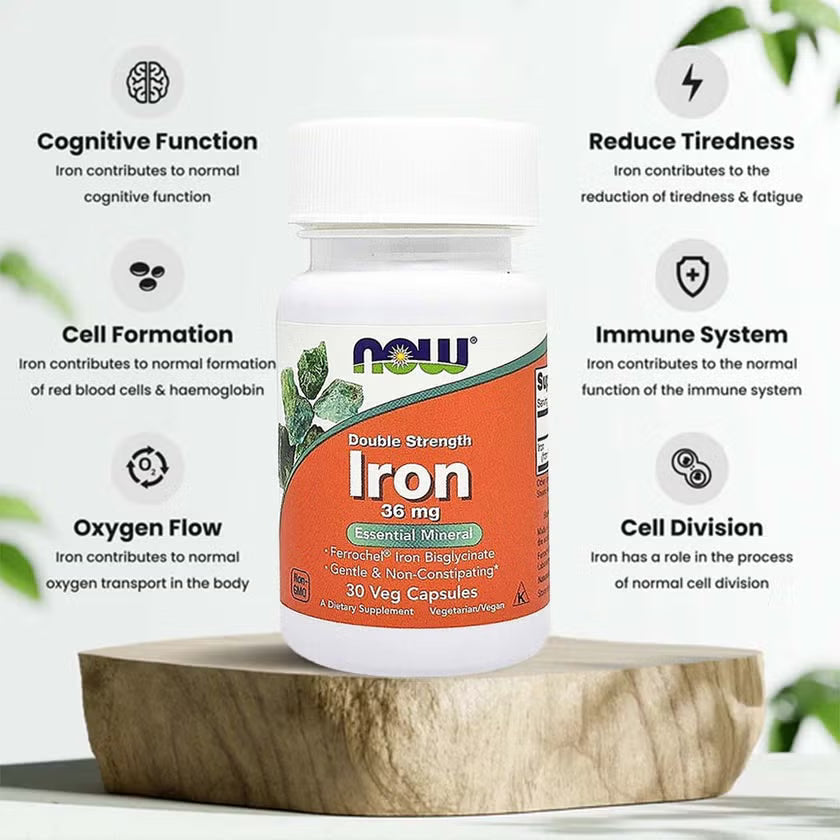 Now Double Strength Iron 36mg Non-Constipating Veg Capsules For Healthy Blood Count, Pack of 30's