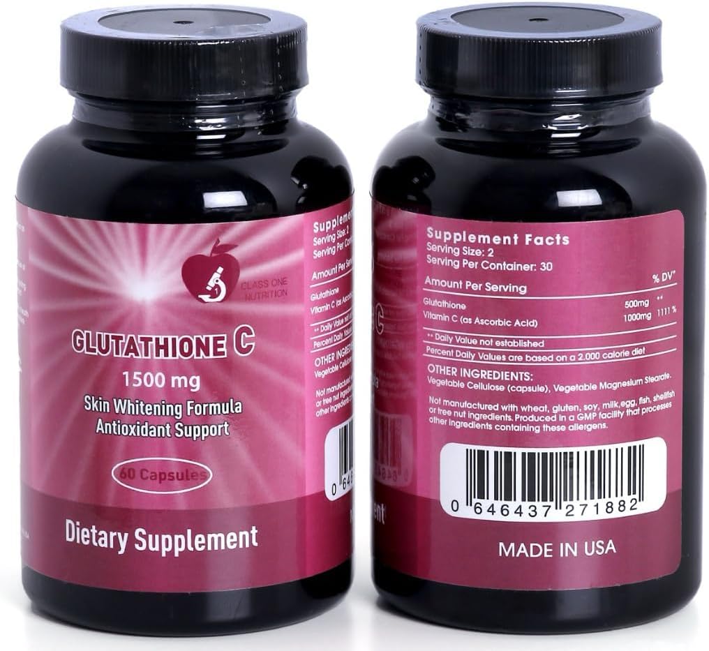 Glutathione C 1500 mg + Vitamin C Skin Whitening & Antioxidant Supplement – 60 Vegan Capsules – Made in USA – Brightening, Dark Spot & Hyperpigmentation Support – Gluten-Free, GMP Facility